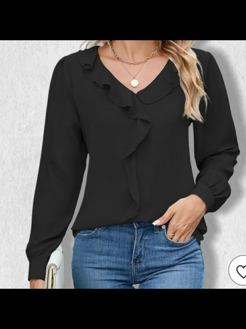 The Limited Black Ruffle V-Neck Long Sleeve Top